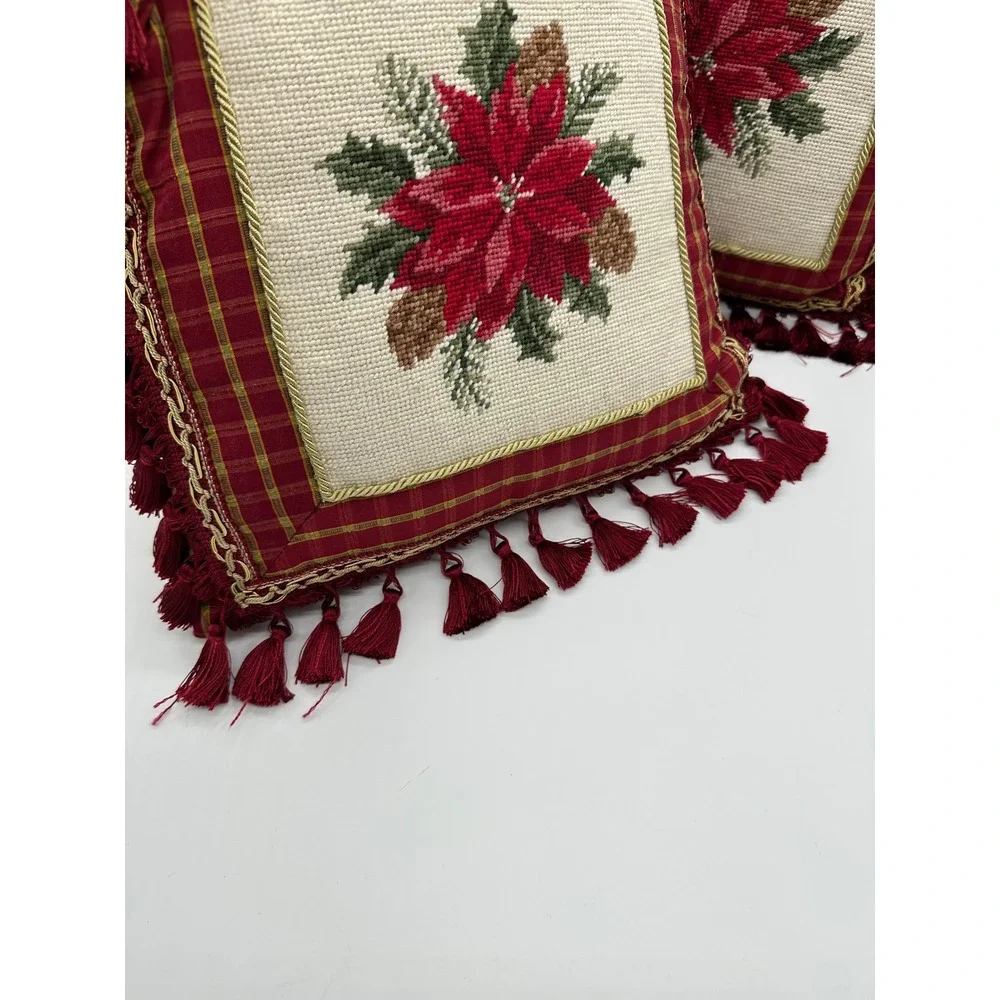 Set of 3 Christmas Poinsettia Needlepoint Throw Pillows Red Plaid Tassel Trim